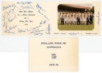 M.C.C. tour of Australia 1978/79. Official England Christmas card nicely signed to inside by nineteen members of the touring party. Signatures include Brearley (Captain), Botham, Willis, Barrington, Tolchard, Old, Gower, Willis, Lever, Tolchard, Randall e