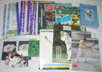 Cricket ephemera. Box comprising a mixed selection of books, brochures, tickets, cigarette cards, postcards, photographs etc. Contents include 'Supplement to Topical Times' mono images of Neil McCorkell (Hampshire), Harold Gimblett (Somerset), Len Hutton 