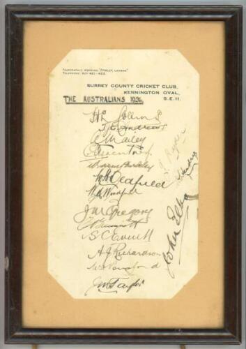 'The Australians 1926'. Page on Surrey County Cricket Club headed notepaper, nicely and fully signed in black ink by all sixteen members of the Australian touring party. Signatures are Collins, Andrews, Mailey, Macartney, Bardsley, Oldfield, Woodfull, Gre