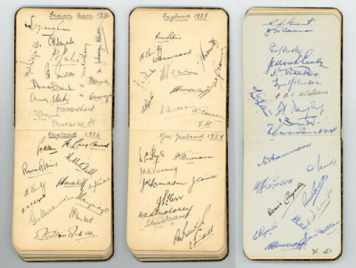 Test match Cricket 1930's. Brown autograph book very nicely signed to individual pages in ink by the England, 11 signatures, and Indian,14 signatures, Test teams who played at Lord's in 1936, the England, 10 signatures, and New Zealand, 10 signatures, Tes