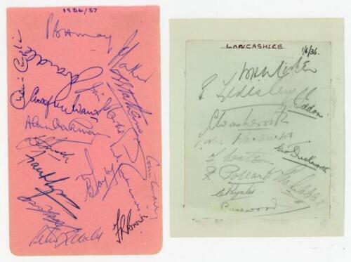 M.C.C. tour to South Africa 1956/57. Album page signed in ink by all fifteen members of the M.C.C. touring party. Signatures are May (Captain), Wardle, Laker, Evans, Parks, Statham, Oakman, Insole, Tyson, Taylor, Richardson, Cowdrey, Lock, Loader and Brow