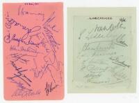 M.C.C. tour to South Africa 1956/57. Album page signed in ink by all fifteen members of the M.C.C. touring party. Signatures are May (Captain), Wardle, Laker, Evans, Parks, Statham, Oakman, Insole, Tyson, Taylor, Richardson, Cowdrey, Lock, Loader and Brow