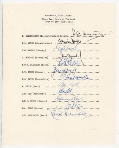 England v West Indies 1973. Official autograph sheet fully signed in ink by the twelve members of the England team, first Test, The Oval, 26th- 31st July 1973. Signatures are Illingworth (Captain), Amiss, Arnold, Boycott, Fletcher, Greig, Hayes, Knott, Ol