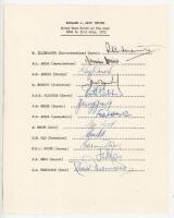 England v West Indies 1973. Official autograph sheet fully signed in ink by the twelve members of the England team, first Test, The Oval, 26th- 31st July 1973. Signatures are Illingworth (Captain), Amiss, Arnold, Boycott, Fletcher, Greig, Hayes, Knott, Ol