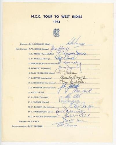 M.C.C. Tour to West Indies 1974. Official autograph sheet fully signed in ink by all eighteen members of the M.C.C. touring party. Players' signatures are Denness (Captain), Greig, Amiss, Arnold, Birkenshaw, Boycott, Fletcher, Hayes, Hendrick, Jameson, Kn