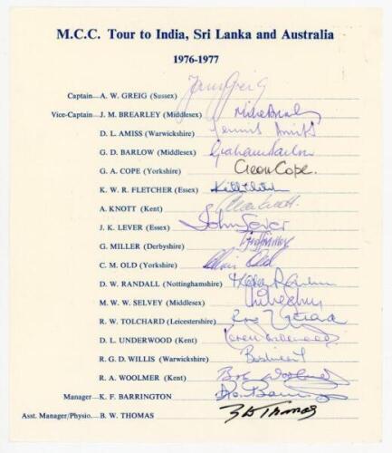 M.C.C. Tour to India, Sri Lanka and Australia 1976-1977. Official smaller autograph sheet fully signed in ink by all eighteen members of the M.C.C. touring party. Players' signatures are Greig (Captain), Brearley, Amiss, Barlow, Cope, Fletcher, Knott, Lev