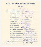 M.C.C. Tour to India, Sri Lanka and Australia 1976-1977. Official smaller autograph sheet fully signed in ink by all eighteen members of the M.C.C. touring party. Players' signatures are Greig (Captain), Brearley, Amiss, Barlow, Cope, Fletcher, Knott, Lev