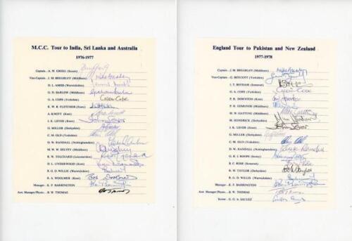 M.C.C. tours to India, Sri Lanka &amp; Australia 1976/77 and Pakistan &amp; New Zealand 1977/78. Two smaller official autograph sheets, each fully signed by all seventeen and eighteen members of the touring parties respectively. Players' signatures includ