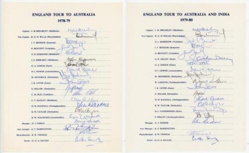 England tours to Australia 1978/79 and to Australia &amp; India 1979/80. Two official autograph sheets, the 1978/79 sheet fully signed by all twenty members of the touring party, the 1979/80 signed by nineteen members, lacking the signature of Ken Barrin