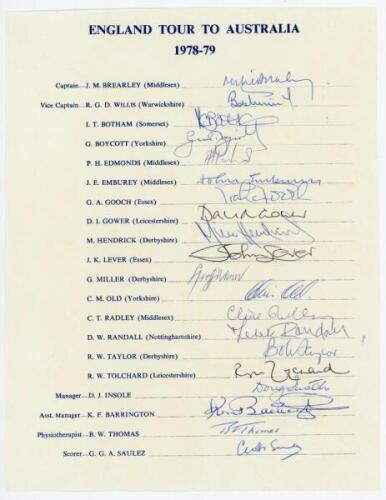 England tour to Australia 1978-1979. Official autograph sheet for the tour. Signed in ink by all twenty members of the party including Brearley (Captain), Willis, Botham, Boycott, Emburey, Gooch, Gower, Lever, Miller, Radley, Randall etc. The sheet appear