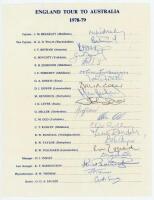 England tour to Australia 1978-1979. Official autograph sheet for the tour. Signed in ink by all twenty members of the party including Brearley (Captain), Willis, Botham, Boycott, Emburey, Gooch, Gower, Lever, Miller, Radley, Randall etc. The sheet appear