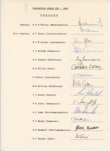 England. Prudential World Cup 1983. Official autograph sheet fully signed by all fourteen members of the England World Cup squad. Signatures are Willis (Captain), Gower, Allott, Botham, Cowans, Dilley, Fowler, Gatting, Gould, Jesty, Lamb, Marks, Randall a