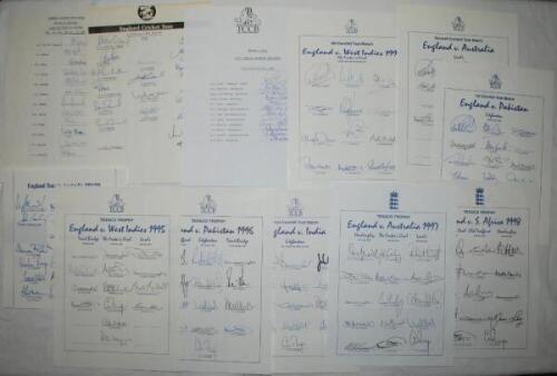 England teams and touring parties 1987-1998. A good selection of twelve official autograph sheets for England tours, Test and one day internationals, all fully signed unless stated. Tour sheets are to Australia &amp; New Zealand 1988 (lacking Dilley and L