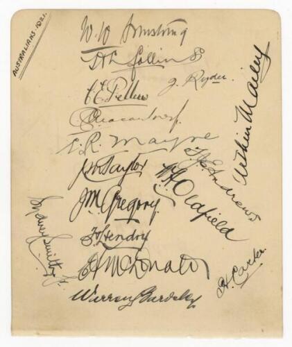 Australia tour to England 1921. Large album page very nicely signed in black ink by all sixteen members of the touring party. Signatures are Armstrong (Captain), Collins, Ryder, Pellew, Macartney, Mayne, Taylor, Gregory, Hendry, McDonald, Bardsley, Mailey