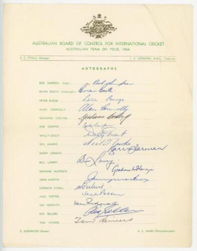 Australia tour to England 1964. Official autograph sheet fully signed in ink by all seventeen members of the touring party. Signatures are Simpson (Captain), Booth, Burge, Connolly, Corling, Cowper, Grout, Hawke, Jarman, Lawry, McKenzie, Martin, O'Neill, 