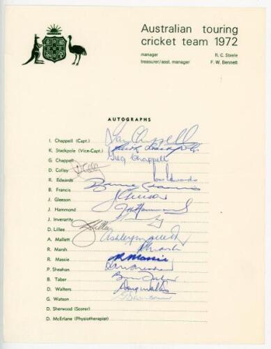 Australia tour to England 1972. Official autograph sheet fully signed by all seventeen playing members of the Australian touring party. Signatures are I. Chappell (Captain), Stackpole, G. Chappell, Colley, Edwards, Francis, Gleeson, Hammond, Inverarity, 