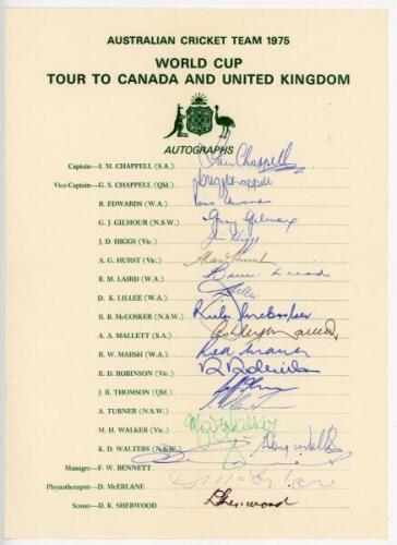 Australian World Cup Tour to Canada and England 1975. Official autograph sheet fully signed in different coloured inks by all nineteen members of the Australian touring party. Players' signatures include I. Chappell (Captain), G. Chappell, Edwards, Gilmou