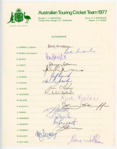 Australian Tour to England 1977. Official autograph sheet fully signed in different coloured inks by all seventeen members of the Australian touring party. Players' signatures include G. Chappell (Captain), Marsh, Bright, Cosier, Dymock, Hookes, Hughes, M