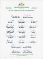Australia tour of England 1993. Official autograph sheet fully signed in ink by all twenty one members of the Australian touring party including Border, Warne, Taylor, Hayden, Healy, May, Slater, Waugh etc. Horizontal folds otherwise in good condition - c