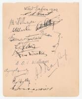 West Indies tour to England 1939. Large album page very nicely signed in ink by fourteen members of the West Indies touring party. Signatures are Grant (Captain), J.B. Stollmeyer, Clarke, V.H. Stollmeyer, Johnson, Martindale, Hylton, Weekes, Barrow, Willi