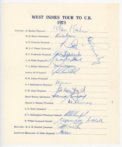 West Indies tour to England 1973. Official autograph sheet signed by fifteen of the original members of the West Indies touring party, and additionally by Ron Headley. Other signatures include Kanhai (Captain), Boyce, Fredericks, Gibbs, Holder, Kallicharr