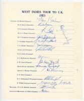 West Indies tour to England 1973. Official autograph sheet signed by fifteen of the original members of the West Indies touring party, and additionally by Ron Headley. Other signatures include Kanhai (Captain), Boyce, Fredericks, Gibbs, Holder, Kallicharr