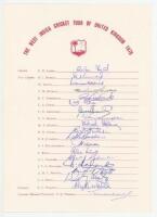 West Indies tour to England 1976. Official autograph sheet fully signed by all nineteen members of the touring party. Signatures include Lloyd (captain), Murray, Daniel, Fredericks, Gomes, Greenidge, Holder, Holding, Kallicharran, Richards, Roberts, Rowe 