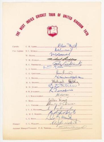 West Indies tour to England 1976. Official autograph sheet fully signed by all nineteen members of the touring party. Signatures include Lloyd (Captain), Murray, Daniel, Fredericks, Gomes, Greenidge, Holder, Holding, Kallicharran, Richards, Roberts, Rowe 