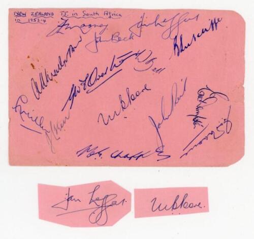 New Zealand tour to South Africa 1953/54. Album page signed in ink by fourteen members of the New Zealand touring party. Signatures are Rabone (Captain), Mooney, MacGibbon, Miller, Beck, Overton, Leggat, Sutcliffe, Bell, Poore, Chapple, Reid, Dempster and