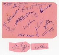 New Zealand tour to South Africa 1953/54. Album page signed in ink by fourteen members of the New Zealand touring party. Signatures are Rabone (Captain), Mooney, MacGibbon, Miller, Beck, Overton, Leggat, Sutcliffe, Bell, Poore, Chapple, Reid, Dempster and