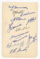 New Zealand tour to England 1949. Album page nicely signed in ink by twelve members of the New Zealand touring party. Signatures are Donnelly, Scott, Hadlee, Cave, Reid, Cowie, Burke, Wallace, Cresswell, Sutcliffe, Hayes and Smith. G/VG - cricket