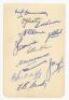 New Zealand tour to England 1949. Album page nicely signed in ink by twelve members of the New Zealand touring party. Signatures are Donnelly, Scott, Hadlee, Cave, Reid, Cowie, Burke, Wallace, Cresswell, Sutcliffe, Hayes and Smith. G/VG - cricket