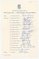 New Zealand tour to United Kingdom, India and Pakistan 1969. Official 'New Zealand Cricket Council' autograph sheet nicely signed in ink by all seventeen members of the touring party. Signatures include Dowling (Captain), Pollard, Congdon, Hadlee, Taylor,