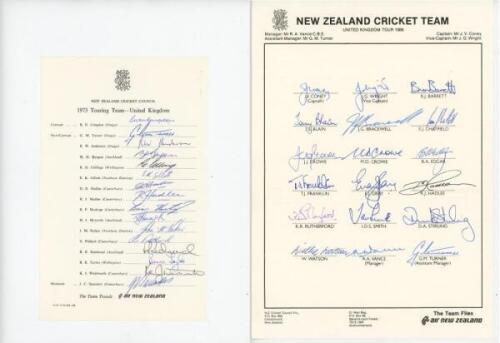 New Zealand tours to England 1973 and 1986. Two official autograph sheets for the New Zealand tours of England 1973 and 1986. Fully signed in ink by all sixteen and eighteen members of the respective New Zealand touring parties including Congdon, Turner, 