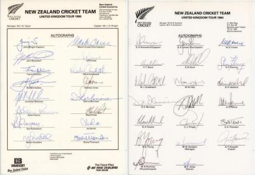 New Zealand tours to England 1990 and 1994. Two fully signed official autograph sheets for the 1990 and 1994 tours. The 1990 sheet comprises sixteen signatures, the 1994 twenty. Players' signatures include Wright, Rutherford, M. Crowe, Bracewell, J. Crowe