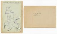 South Africa tour to England 1924. Large album page laid down to slightly larger page, signed by fourteen members of the South Africa touring party. Four signatures in ink of Ward, Hands, Hearne and Allsop (Manager). The remaining signatures, in coloured 