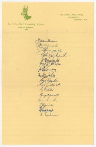 South Africa tour to England 1955. Autograph sheet of the 1955 South Africa touring party on official headed ruled paper. Fully signed in ink by all sixteen playing members including Cheetham (Captain), McGlew, Waite, Duckworth, Tayfield, McLean, Murray, 