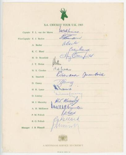 South Africa tour to England 1965. Official autograph sheet fully signed by all sixteen members of the South Africa touring party. Signatures include van der Merwe (Captain), Barlow, Bacher, Bland, Bromfield, Lindsay, Macaulay, McKinnon, P. Pollock, G. Po