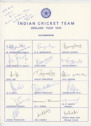 India tour to England 1990. Official autograph sheet fully signed by all eighteen members of the India touring party with dedication to top left corner signed by the manager, M.K. Mantri. Players' signatures include Azharuddin (Captain), Vengsarkar, Shast