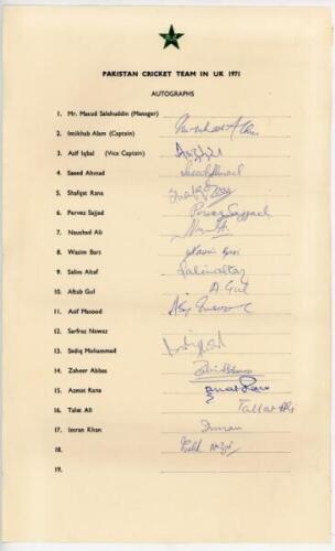 Pakistan tour to England 1971. Official autograph sheet signed by sixteen members of the Pakistan touring party. Players' signatures include Intikhab Alam (Captain), Asif Iqbal, Saeed Ahmad, Shafqat Rana, Pervez Sajjad, Wasim Bari, Asif Masood, Sadiq Moha