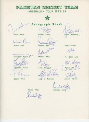 Pakistan tour to Australia 1983/84. Official autograph sheet for the Pakistan tour of Australia fully signed by the seventeen named players. Signatures include Imran Khan, Zaheer Abbas, Javed Miandad, Wasim Bari, Wasim Raja, Abdul Qadir, Mudassar Nazar, M