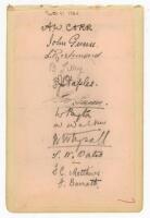 Nottinghamshire C.C.C. 1925. Large album page laid down to slightly larger page, signed in pencil by twelve members of the 1925 Nottinghamshire team. Signatures are Carr (Captain), J. Gunn, Richmond, Lilley, S.J. Staples, G. Gunn, Payton, Walker, Whysall,
