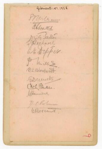 Gloucestershire C.C.C. 1925. Album page laid down to slightly larger page, signed in pencil by twelve members of the 1925 Gloucestershire team. Signatures are Williams, Salter, Dipper, Mills, Bloodworth, Dennett, Parker, Hammond, D.C. Robinson, Bessant, a