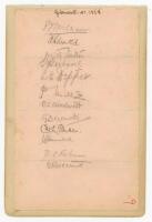 Gloucestershire C.C.C. 1925. Album page laid down to slightly larger page, signed in pencil by twelve members of the 1925 Gloucestershire team. Signatures are Williams, Salter, Dipper, Mills, Bloodworth, Dennett, Parker, Hammond, D.C. Robinson, Bessant, a