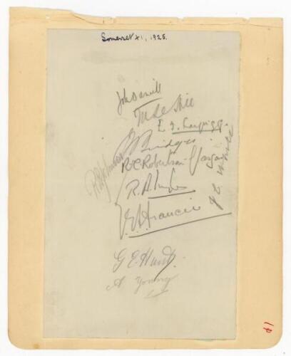 Somerset C.C.C. 1925. Album page laid down to larger page, signed in pencil by eleven members of the 1925 Somerset team. Signatures are Daniell (Captain), M.L. Hill, Longrigg, Robertson-Glasgow, Ingle, Hunt, Young, Johnson, White, and the rarer T.E.S. Fra
