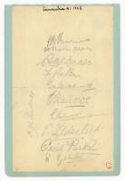 Lancashire C.C.C. 1925. Album page laid down to slightly larger page, signed in pencil by eleven members of the 1925 Lancashire team. Signatures are Barnes, Makepeace, McDonald, Watson, Duckworth, Hallows, Hopwood, G.E. Tyldesley, Parkin, R. Tyldesley and