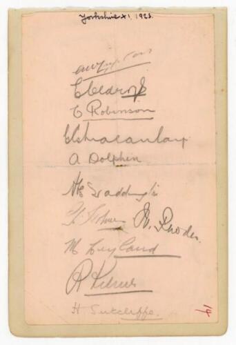 Yorkshire C.C.C. 1925. Album page laid down to slightly larger page, signed in pencil by eleven members of the 1925 Yorkshire team. Signatures are Lupton (Captain), Oldroyd, Robinson, Macaulay, Dolphin, Waddington, Holmes, Rhodes, Leyland, Kilner and Sutc