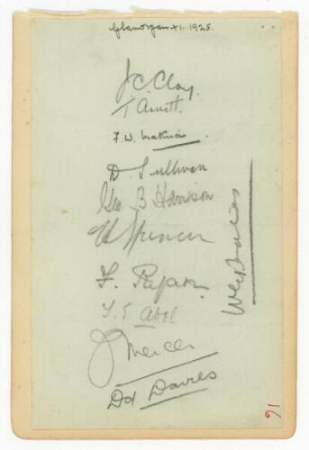 Glamorgan C.C.C. 1925. Album page laid down to slightly larger page, signed in pencil by twelve members of the 1925 Glamorgan team. Signatures are Clay (Captain), Arnott, Mathias, Sullivan, Harrison, H. Spencer, Ryan, Abel, Mercer, D. Davies, Bates, and t