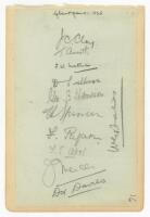 Glamorgan C.C.C. 1925. Album page laid down to slightly larger page, signed in pencil by twelve members of the 1925 Glamorgan team. Signatures are Clay (Captain), Arnott, Mathias, Sullivan, Harrison, H. Spencer, Ryan, Abel, Mercer, D. Davies, Bates, and t