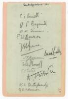 Cambridge University C.C. 1925. Album page laid down to slightly larger page, signed in pencil by twelve members of the 1925 Cambridge University team. Signatures are Bennett, Bagnall, Timms, Dawson, Francis, Crawley, Jagger, Sherwell, Tweed, Enthoven, Du